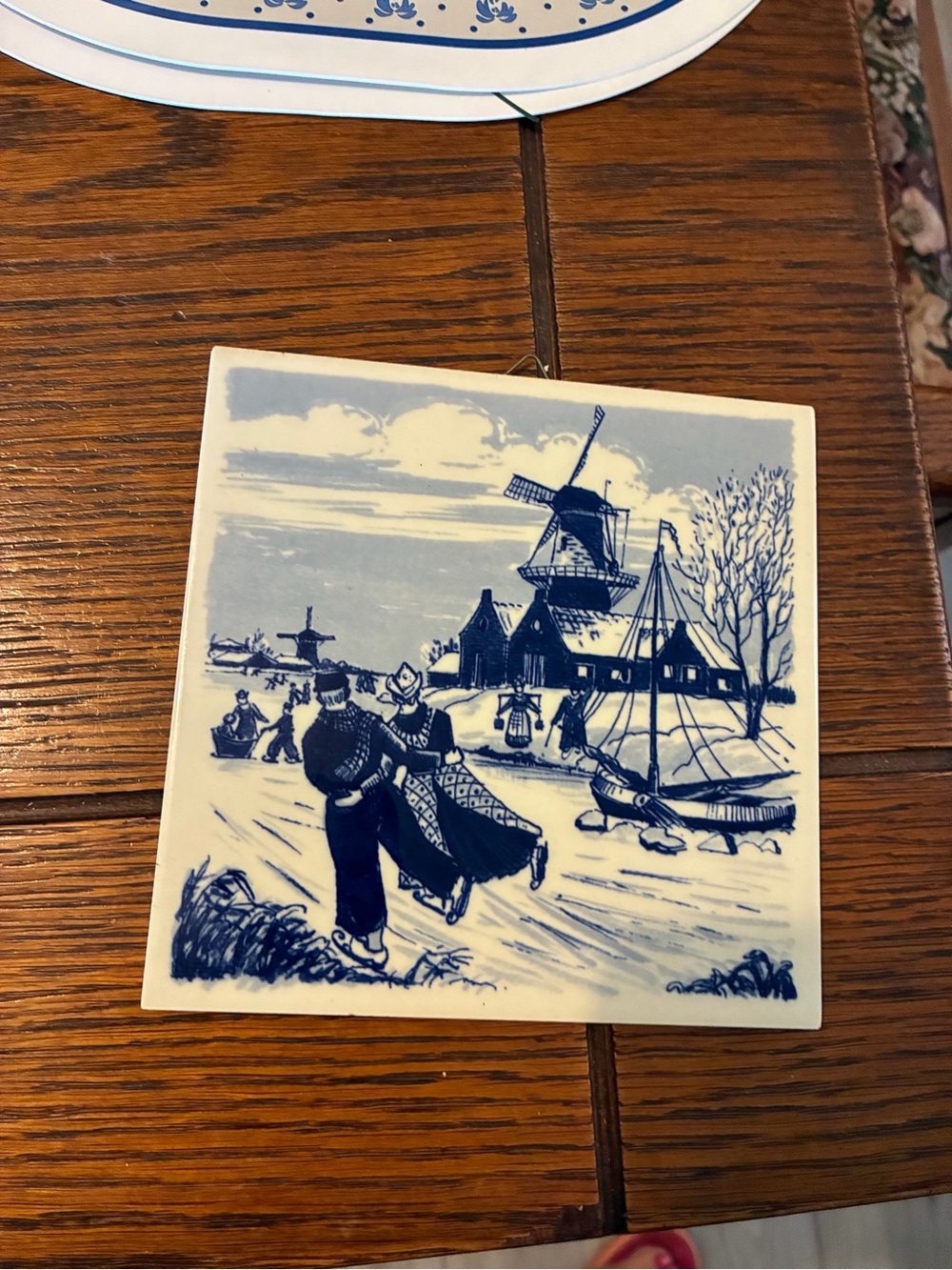 Blue and White Ceramic Delft-Style Wall Tile - Scenic Windmill Art